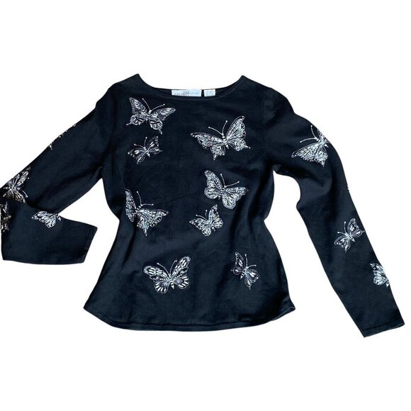 Marisa Christina Black Silk Blend Top Embroidered Beaded Butterfly Pattern M #5K - Picture 1 of 9